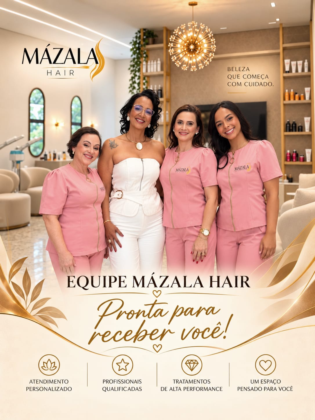 Equipe Mázala Hair Stylist pronta para receber você, em arte de apresentação fornecida pelo salão.